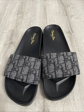 Dior Black and Gray Jacquard Logo Slide Sandals